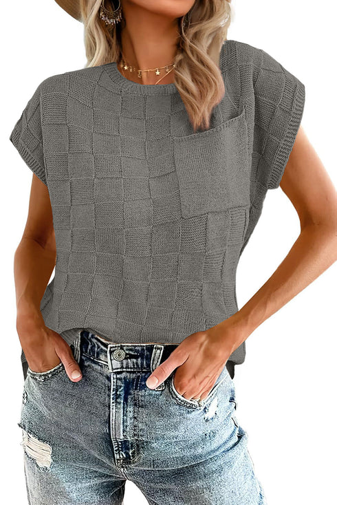 Lattice Textured Knit Short Sleeve Sweater